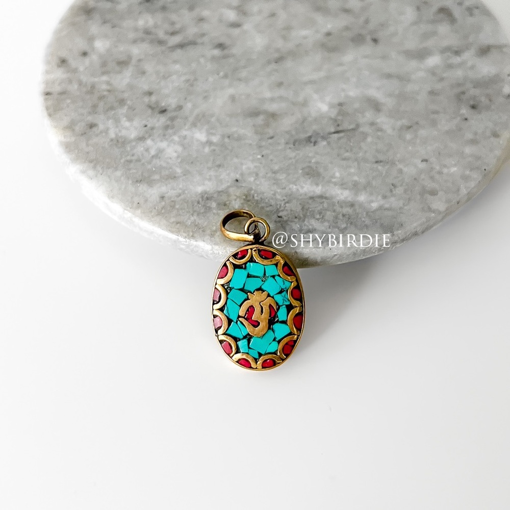 NEW Tibetan Artisan Handcrafted Oval Om Pendant, Turquoise & Red Coral Inlay